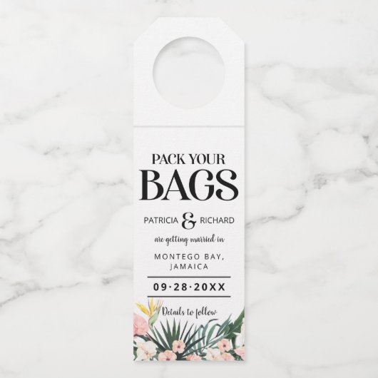 目的地の熱帯結婚式の日付を保存 ボトルネックタグ (正面)