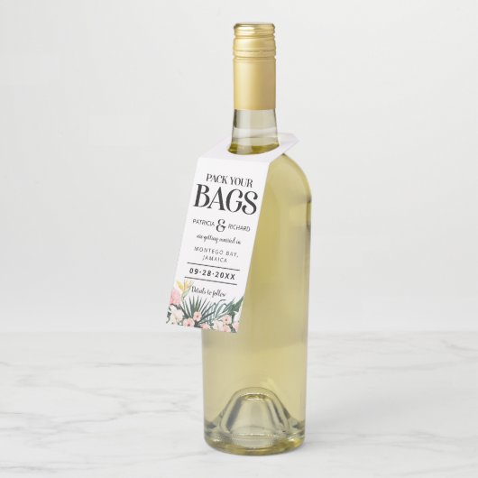 目的地の熱帯結婚式の日付を保存 ボトルネックタグ (アングル)