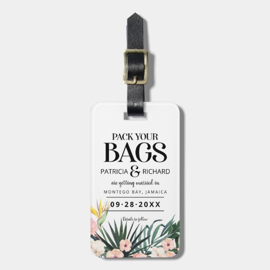 目的地の熱帯結婚式の日付を保存 ラゲッジタグ (正面縦)