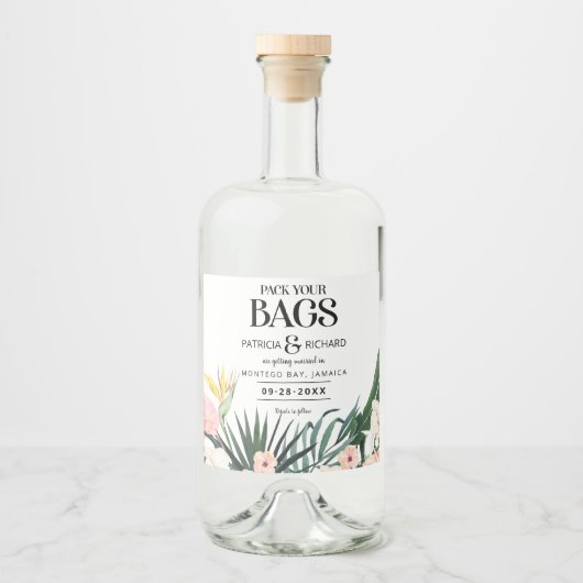 目的地の熱帯結婚式の日付を保存 リキュールボトルラベル (正面)