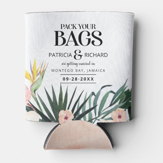 目的地の熱帯結婚式の日付を保存 缶クーラー (正面)