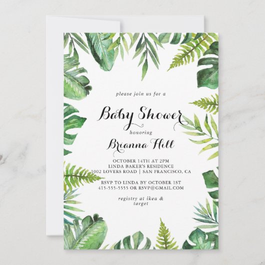 目的地の熱帯緑の赤ちゃんシャワー 招待状 (正面)