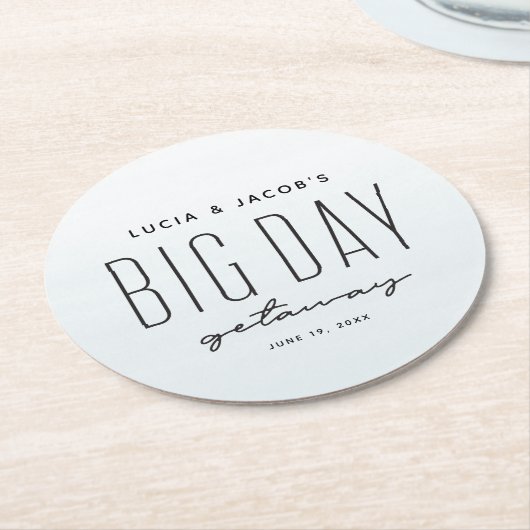 目的地の結婚式のビッグデー休暇海ブルー ラウンドペーパーコースター (アングル)