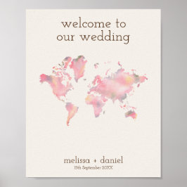 目的地の結婚式のピンク色のワールドマップ ポスター