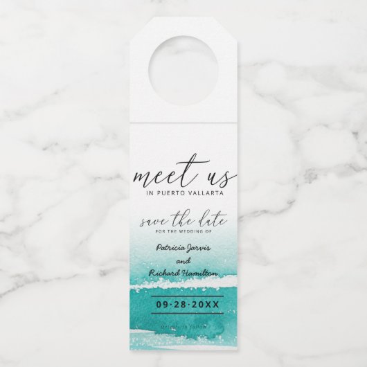 目的地の結婚式ティール（緑がかった色）で会う日付を保存 ボトルネックタグ (正面)