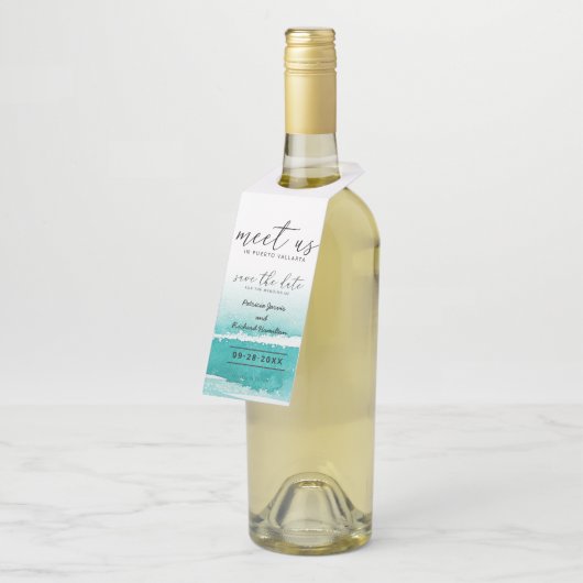 目的地の結婚式ティール（緑がかった色）で会う日付を保存 ボトルネックタグ (アングル)