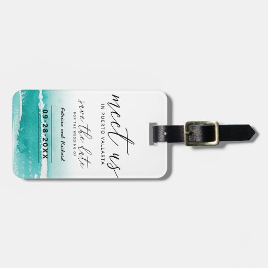 目的地の結婚式ティール（緑がかった色）で会う日付を保存 ラゲッジタグ (正面横)