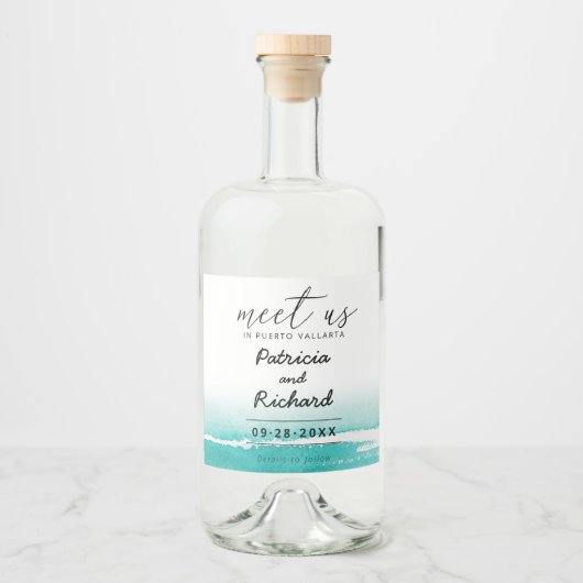 目的地の結婚式ティール（緑がかった色）で会う日付を保存 リキュールボトルラベル (正面)