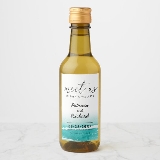 目的地の結婚式ティール（緑がかった色）で会う日付を保存 ワインラベル (正面)