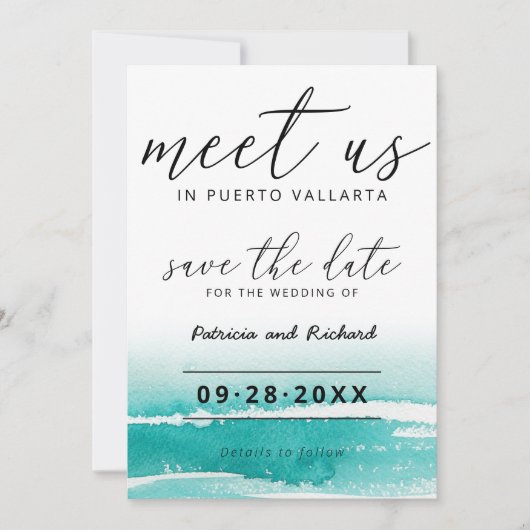目的地の結婚式ティール(緑がかった色)で会う日付を保存 招待状 (正面)