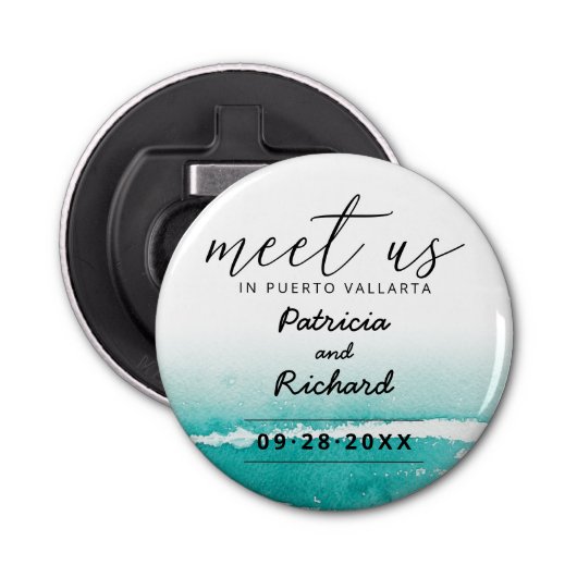 目的地の結婚式ティール（緑がかった色）で会う日付を保存 栓抜き (正面)