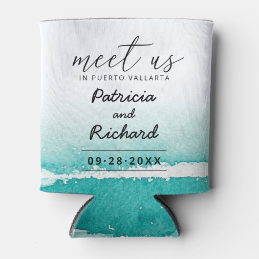 目的地の結婚式ティール（緑がかった色）で会う日付を保存 缶クーラー (正面)