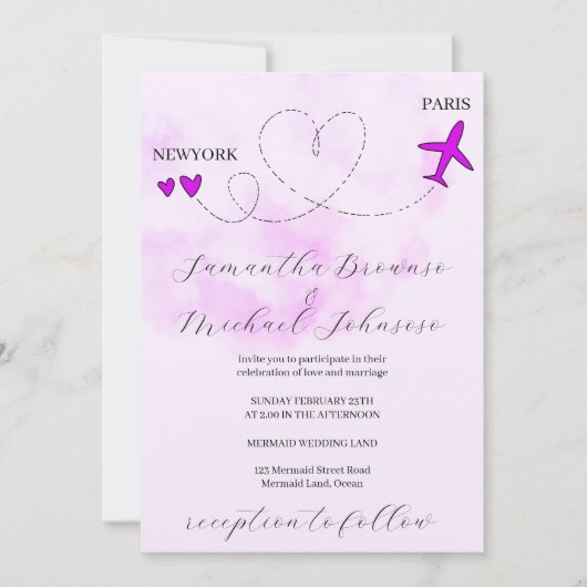 目的地の飛行機の海外パープル結婚ズ 招待状 (正面)