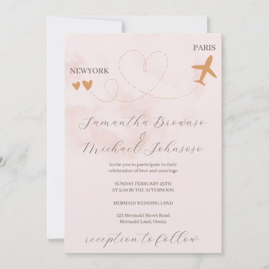 目的地の飛行機便結婚Pink's 招待状 (正面)