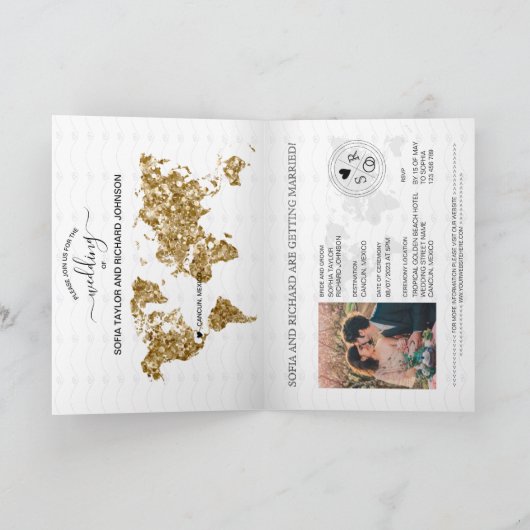 目的地ウェディングパスポート金ゴールドワールドマップメキシコ 招待状 (内部)