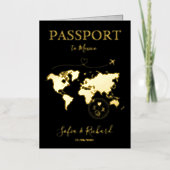 目的地ウェディングブラック金ゴールドワールドマップパスポート 箔グリーティングカード (正面)
