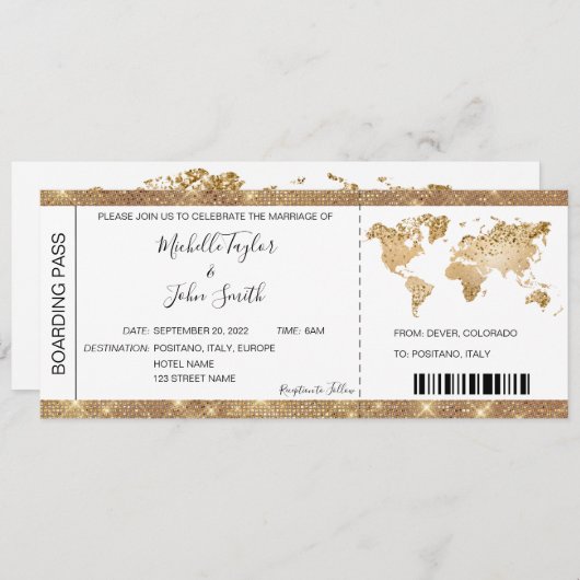 目的地ウェディングボーディングパスチケット金ゴールドプラン 招待状 (正面/裏面)
