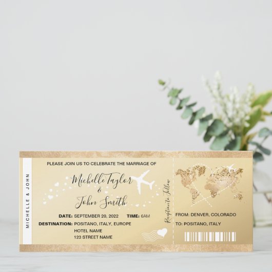 目的地ウェディングボーディングパスチケット金ゴールドプラン 招待状 (スタンド正面)