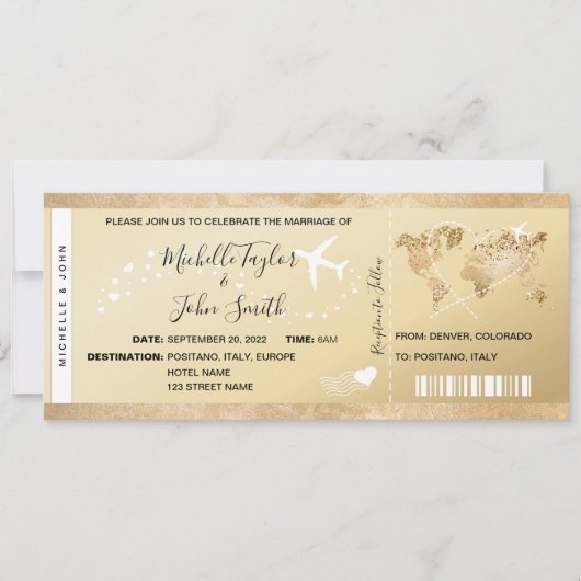 目的地ウェディングボーディングパスチケット金ゴールドプラン 招待状 (正面)