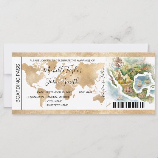 目的地ウェディングボーディングパスメキシコ 招待状 (正面)