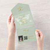 目的地ウェディングワールドパスポートセイージグリーン金ゴールド オールインワン招待状 (貼ってはがせる)