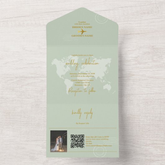 目的地ウェディングワールドパスポートセイージグリーン金ゴールド オールインワン招待状 (内側)