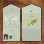 目的地ウェディングワールドパスポートセイージグリーン金ゴールド オールインワン招待状