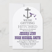 目的地ビーチかわいい紫色のバードグレーいかり 招待状 (正面)