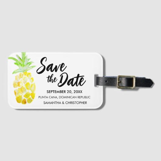目的地ユニーク結婚式のトロピカル日付を保存 ラゲッジタグ (正面横)