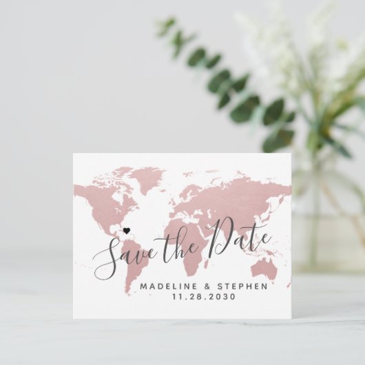 目的地救結婚式日赤面ピンクの地図 案内ポストカード (スタンド正面)