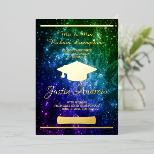 目盛り金箔銀河系告知カード 箔招待状 (立ち正面)