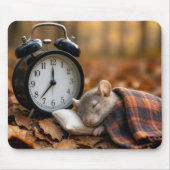 目覚まし時計のそばで眠るネズミ マウスパッド (正面)