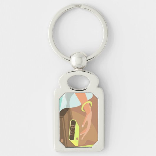 目覚まし時計のスヌーズのボタンを押す女の子の手 キーホルダー (正面)