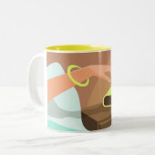 目覚まし時計のスヌーズのボタンを押す女の子の手 ツートーンマグカップ (正面左)