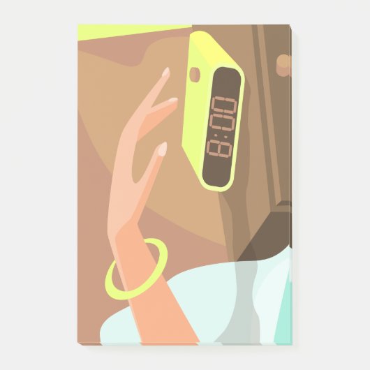 目覚まし時計のスヌーズのボタンを押す女の子の手 ポストイット (正面)