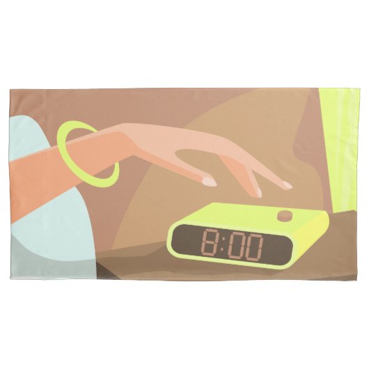 目覚まし時計のスヌーズのボタンを押す女の子の手 枕カバー (正面左)