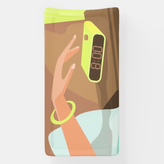 目覚まし時計のスヌーズのボタンを押す女の子の手 横断幕 (縦)