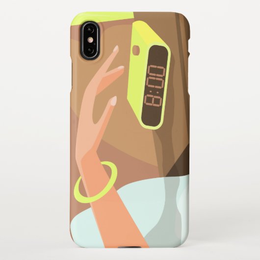 目覚まし時計のスヌーズのボタンを押す女の子の手 iPhoneケース (裏面)