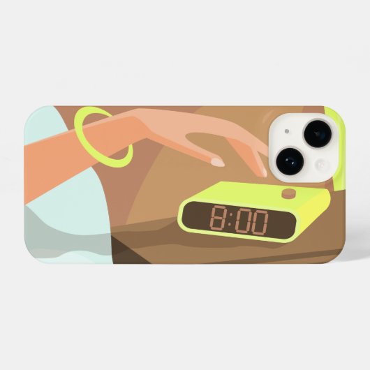 目覚まし時計のスヌーズのボタンを押す女の子の手 iPhoneケース (裏面横)