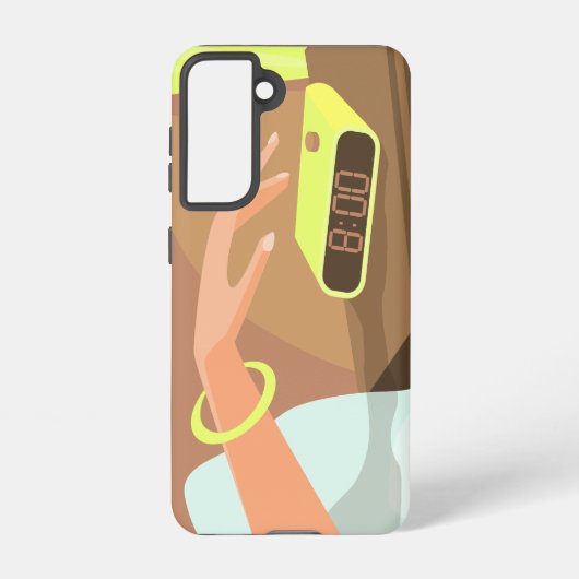 目覚まし時計のスヌーズのボタンを押す女の子の手 SAMSUNG GALAXYケース (裏面)