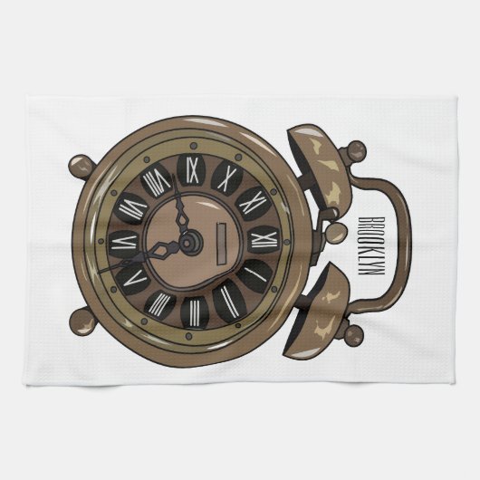 目覚まし時計の漫画イラストレーション キッチンタオル (横)