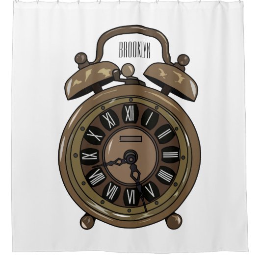 目覚まし時計の漫画イラストレーション シャワーカーテン (正面)