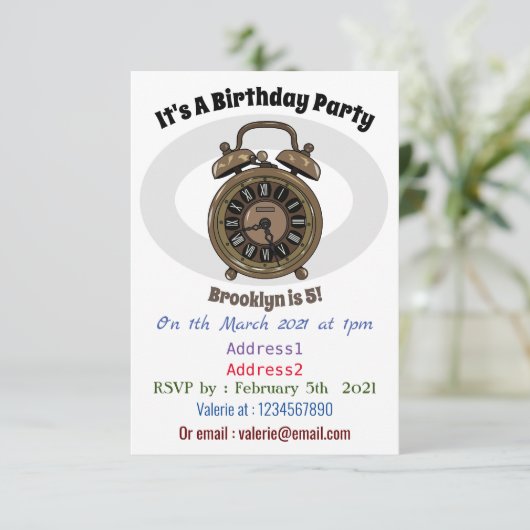 目覚まし時計の漫画イラストレーション 招待状 (スタンド正面)