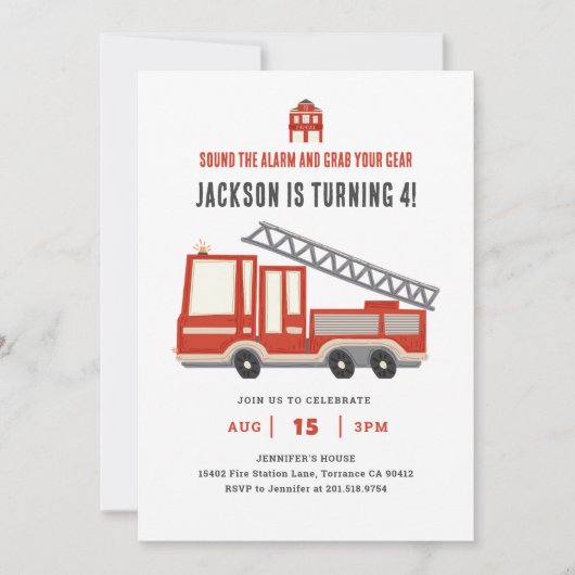 目覚まし消防車の誕生日パーティーを鳴らす 招待状 (正面)
