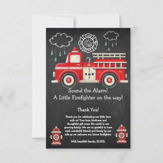 目覚まし音を立てて！消防車の赤ちゃんシャワー サンキューカード (正面)
