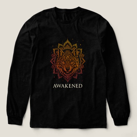 目覚めたオオカミの曼荼羅 スピリチュアルデザイン トライブレンドＴシャツ (デザイン正面)