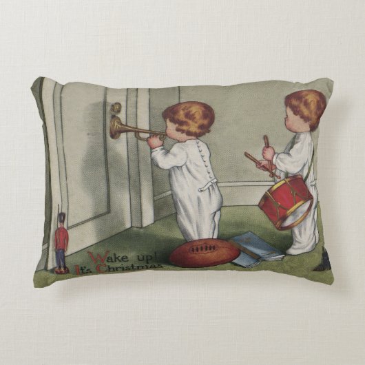 目覚めるクリスマスかわいい子どもイラストレーション アクセントクッション (正面)