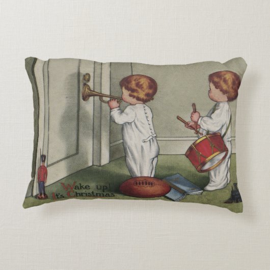 目覚めるクリスマスかわいい子どもイラストレーション アクセントクッション (裏面)