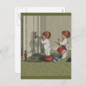 目覚めるクリスマスかわいい子どもイラストレーション シーズンポストカード (正面/裏面)