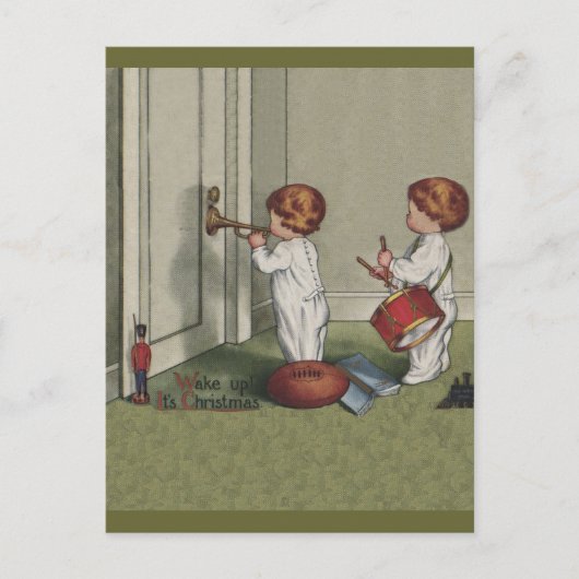 目覚めるクリスマスかわいい子どもイラストレーション シーズンポストカード (正面)